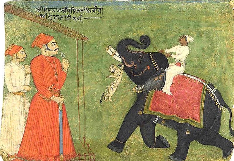 ** Raja Dheeraj Singhji of Raghogarh watching an Elephant attacked by Leopard **